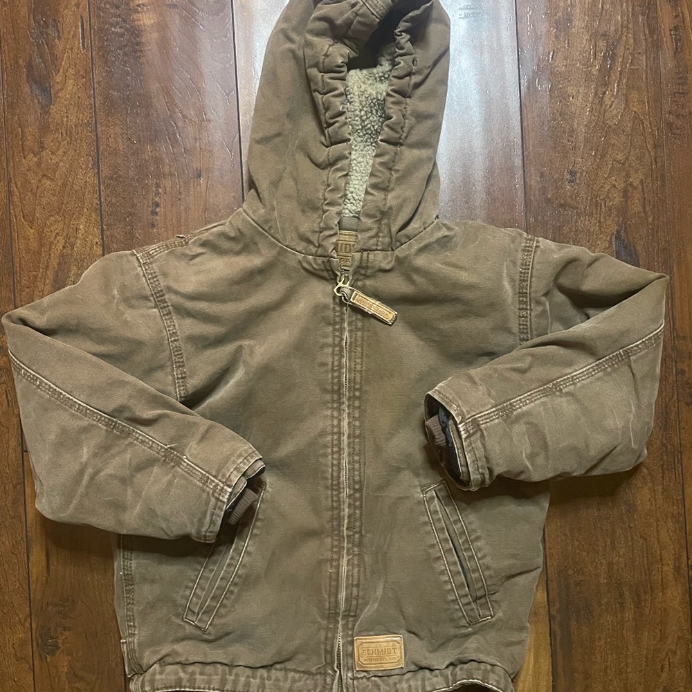 Ce Schmidt youth canvas jacket small 6-8 reg tan work chore barn zip hooded
